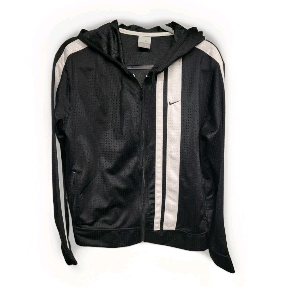 Nike Y2K Womens Lg Black White Stripe Zip-Up Hooded Mesh Like Jacket Street Wear - Picture 1 of 11